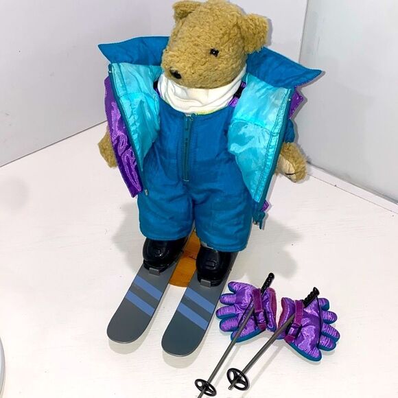 Tender Heart Treasures Vintage Kids Skiing Teddy Bear Toy - Blue and Purple - Picture 7 of 10
